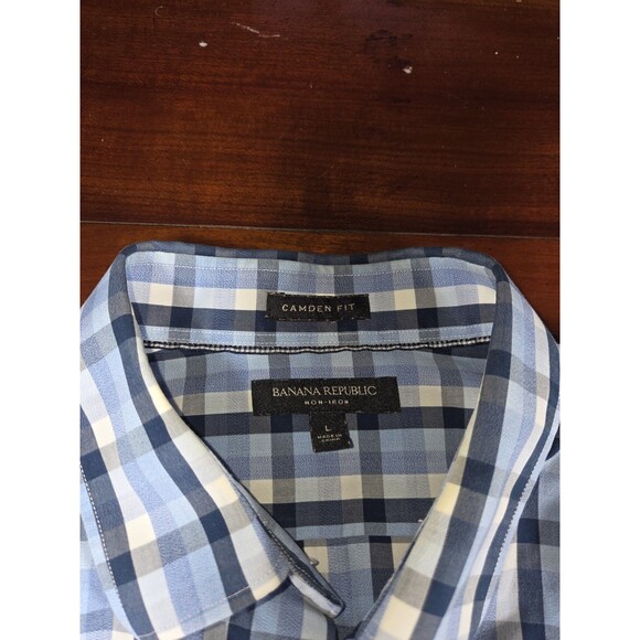Banana Republic Shirt Men's Large Camden Fit Blue Gingham Plaid Non Iron Cotton - Picture 2 of 3